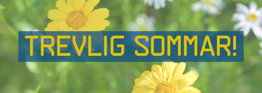 Somrig bild med blommor. Texten "Trevlig sommar!".